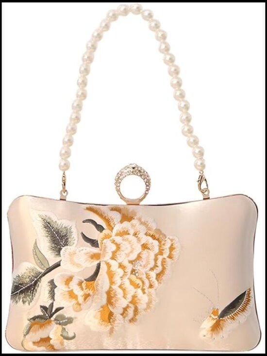 Handbags - Floral Evening Bag with Pearl Chain Clutch Purse Elegant Banquet Handbag Bride